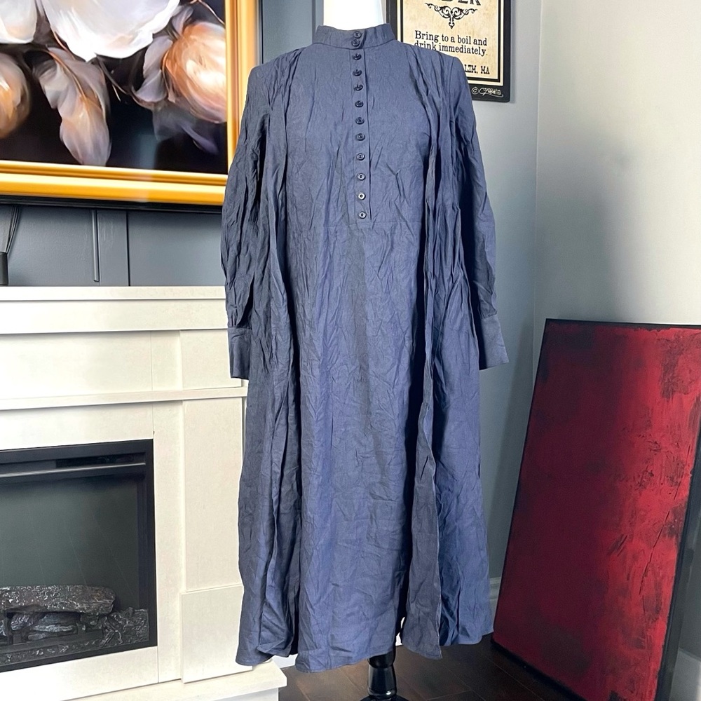 Vintage Blue Maxi Linen Shirt Dress S